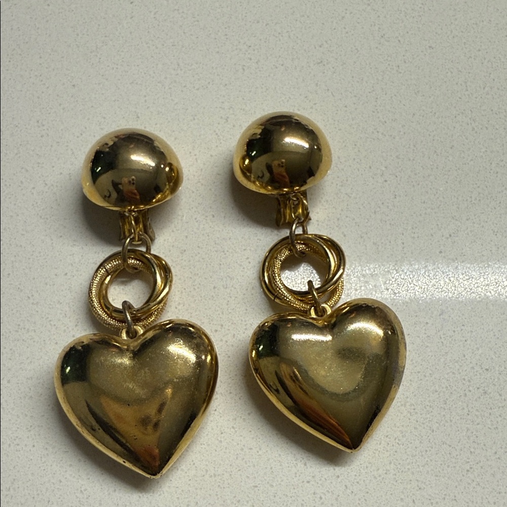 Vintage Gold Tone Heart Drop Earrings